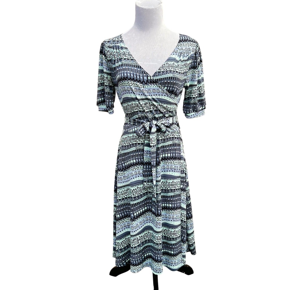 B Moss‎ Vtg Dress Faux Wrap Abstract Stripe Gray Green Stretch Boho Chic Office